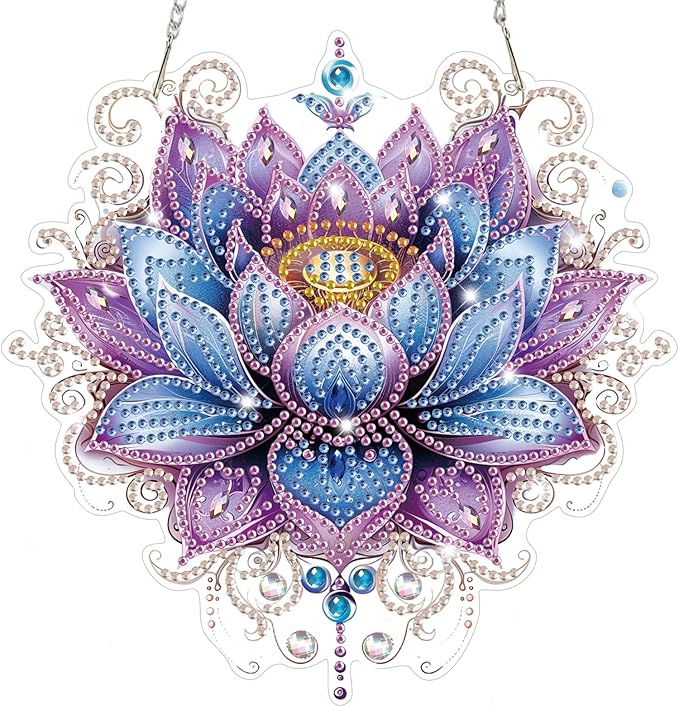 Lotus Diamond Art Hanging Kits for Adults, Diamond Art Suncatchers Flowers, 5D Special Shape Diamond Painting Pendant Window Ornament Gifts for Home Wall Garden Door Decor