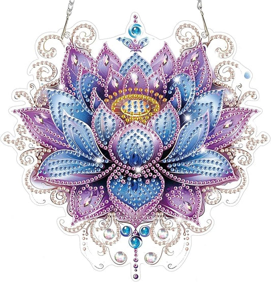 Lotus Diamond Art Hanging Kits for Adults, Diamond Art Suncatchers Flowers, 5D Special Shape Diamond Painting Pendant Window Ornament Gifts for Home Wall Garden Door Decor