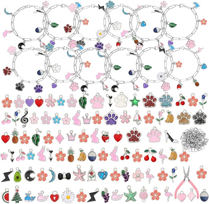 Tondiamo 173 Pieces Charm Bracelet Making Kit for Women DIY Silver Chain Bracelet Jewelry Making Kit for Adult 100 Assorted Charms Pendants 60 Jump Rings Pliers for Crafts Beginner Supplies Gift