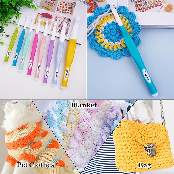 Hobekoee 7mm Crochet Hook,Extra Long Crochet Hooks with Soft Ergonomic Handle for Arthritic Hands,Multicolor Crochet Needles for Beginners and Experiencer