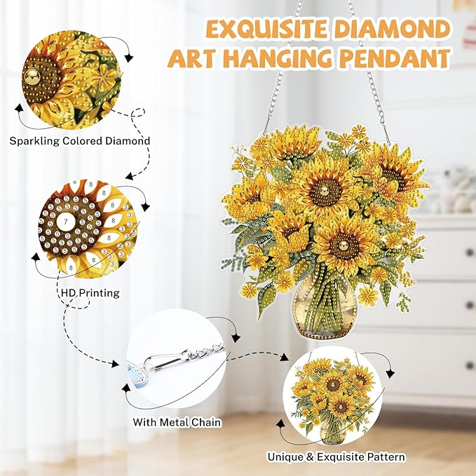 Bowetile Spring Diamond Art Hanging Kits for Adults, Diamond Art Suncatchers Sunflowers, 5D Special Shape Diamond Painting Pendant Window Ornament Gifts for Home Wall Garden Door Decor