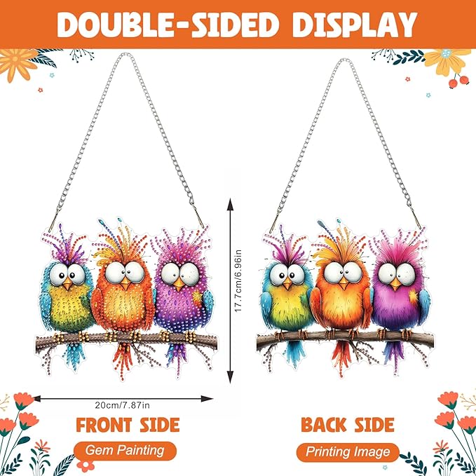 NAIMOER Funny Birds Diamond Art Hanging Kits for Adults 5D Special Shaped Rhinestone, DIY Acrylic Diamond Art Painting Window Pendants Home Garden Wall Hanging Ornament Kits, Double Sided