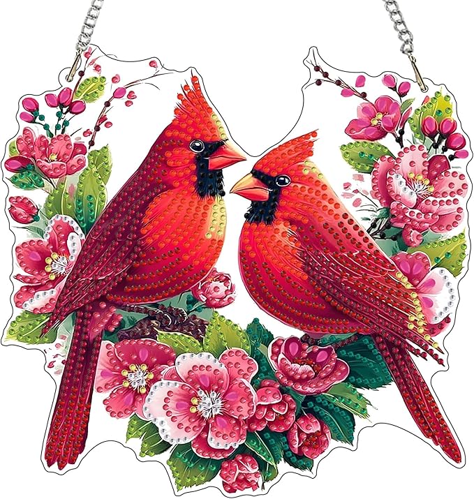 MXJSUA Valentine's Cardinals Special Shaped Hanging Diamond Painting Art Kits for Adults, Crystal Rhinestone Acrylic Gem Art Pendant Ornaments Kit for Home Decor and Gift 7.87 * 7.87 Inch