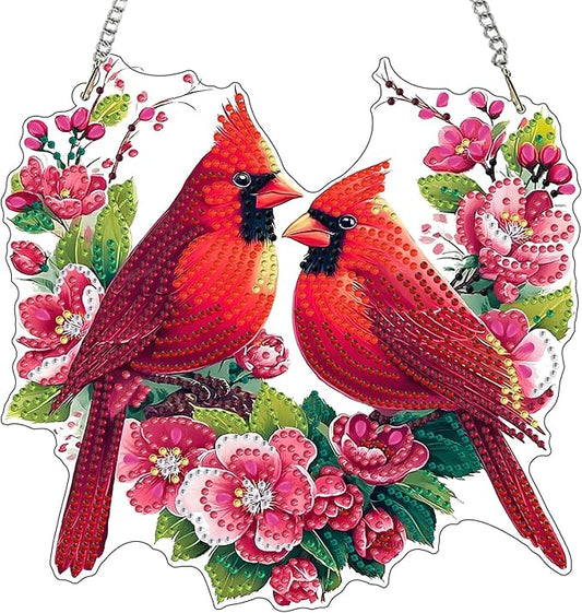 MXJSUA Valentine's Cardinals Special Shaped Hanging Diamond Painting Art Kits for Adults, Crystal Rhinestone Acrylic Gem Art Pendant Ornaments Kit for Home Decor and Gift 7.87 * 7.87 Inch