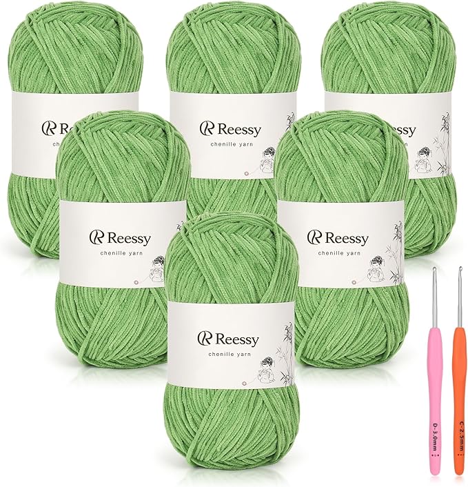 Skinny Chenille Yarn for Crocheting - 6 Pack of 50g/158yd (948yd Total) - Soft Matte Thin Chenille CYC #2 - Fine Weight Baby Yarn for Plush Toys, Baby Blankets & Small Crafts(Army Green)