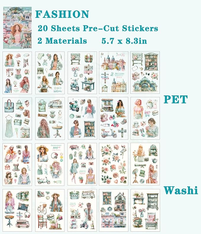 Stickers for Journaling, 20 Sheets Fashion Junk Journal Sticker, Cyan PET Washi Materials Scrapbooking Supplies for Adults, People Women Transparent Decorative Art Crafts