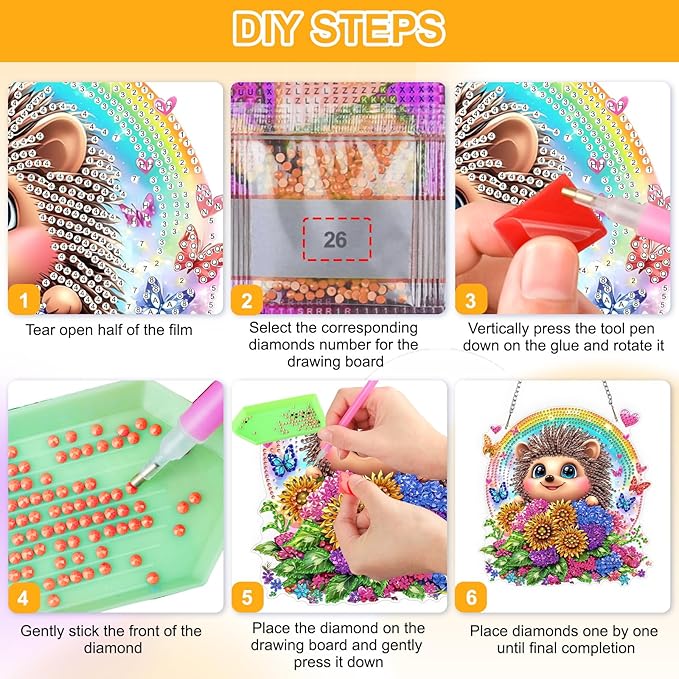 QENSPE Diamond Painting Art Hanging for Adults, Cute Hedgehog Special Shape Diamond Paingting Ornaments Kits with Chain, DIY Flowers Crystal Window Pendants for Home Wall Decor Gifts 20X20 cm
