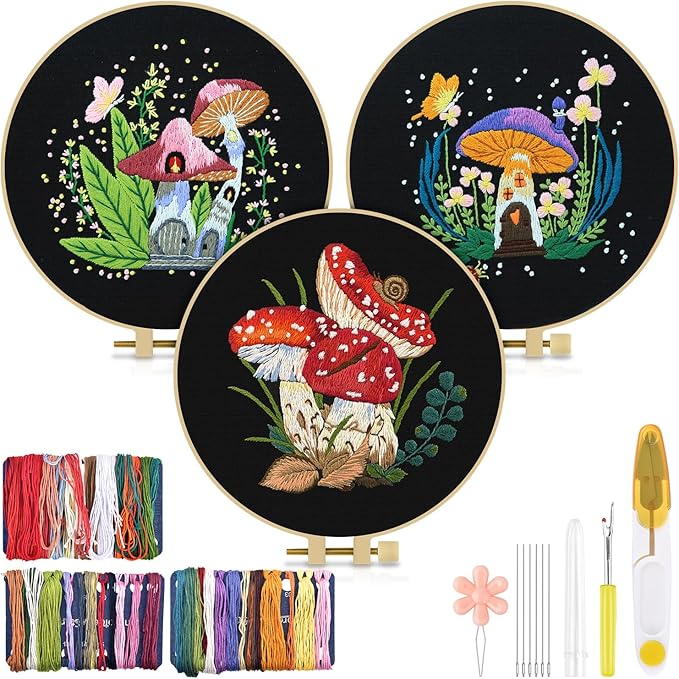 TINDTOP Embroidery Kit for Adult Beginners, Mushroom Embroidery Stitch Practice kit Include Embroidery Cloth Hoops Threads for Craft Lover Hand Stitch
