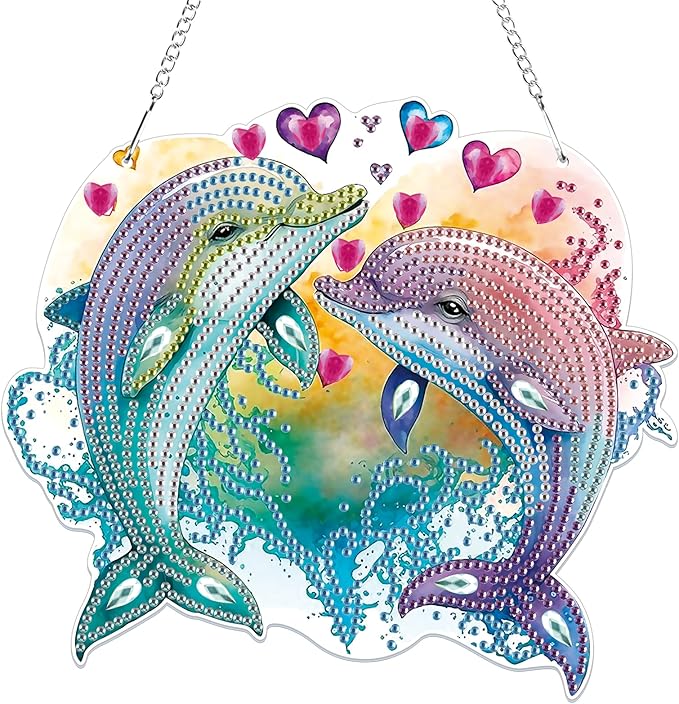 Bowetile Dolphin Diamond Art Hanging Kits for Adults, 5D Special Shape Diamond Painting Animals Kits, Animal Gem Art Suncatchers Painting Pendant Ornament for Home Garden Wall Decor