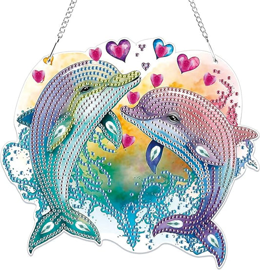 Bowetile Dolphin Diamond Art Hanging Kits for Adults, 5D Special Shape Diamond Painting Animals Kits, Animal Gem Art Suncatchers Painting Pendant Ornament for Home Garden Wall Decor