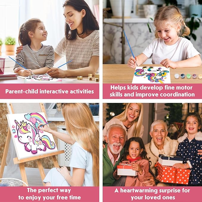 NEWENMO 4 Pack Paint by Number for Kids with Wooden Frame, Cute Unicorn Paint by Numbers for Kids Ages 8-12, Rainbow Unicorn, DIY Acrylic Oil Painting for Beginners for Home Wall Decor 8X8 inch