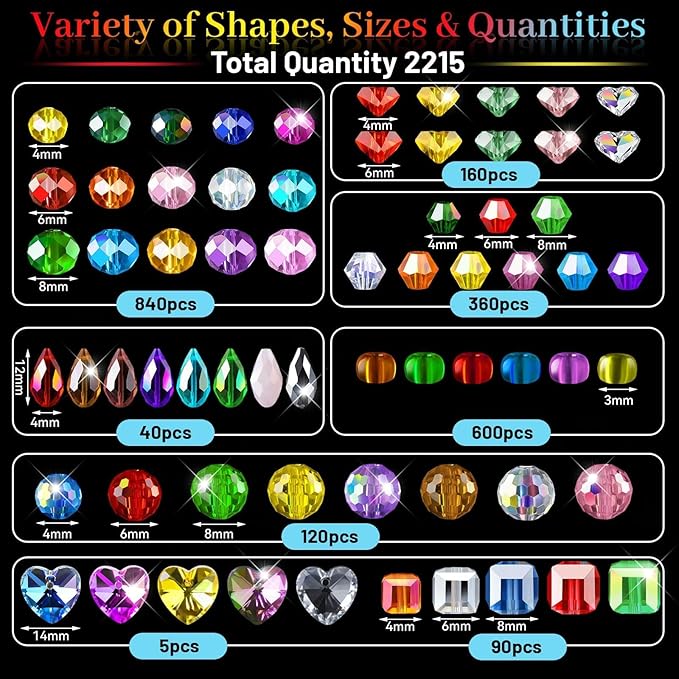 2215 Pcs Glass Beads for Jewelry Making –High Shine, Faceted Cut Crystal Rainbow Beads, DIY Bracelet Necklace Earring Craft Kit and Lamp Decor with Organizer Box for Valentine's Day, Colorful
