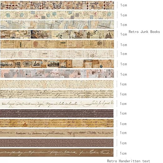 16 Rolls Vintage Washi Tape Set with Handwritten Text, Retro Junk Books Design, Thin Retro Decorative Antique Patterns Masking Tape for Scrapbook, Journals, Planners, DIY Crafts