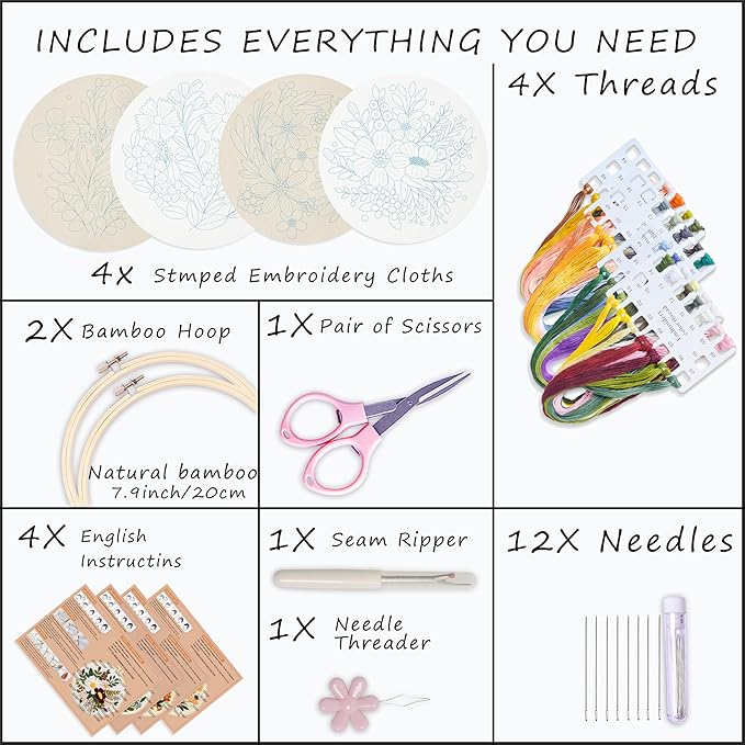 bonroy 4 sets embroidery set for beginners art crafts easy sewing includes embroidery clothes with pattern, hoop, instruction manual, color stitch set (assorted 1)