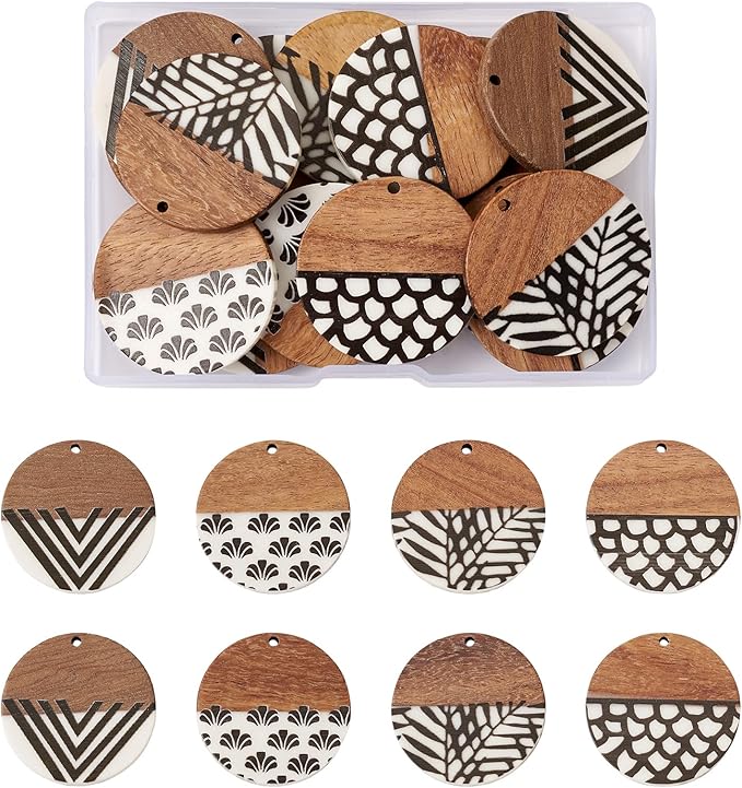 Beadthoven 16pcs/8 Pairs Resin Wood Earring Pendants Vintage Black White Stripe Print Flat Round Wooden Tags Wood Pieces Pendants for Fashion Jewelry Making Necklace Findings Women