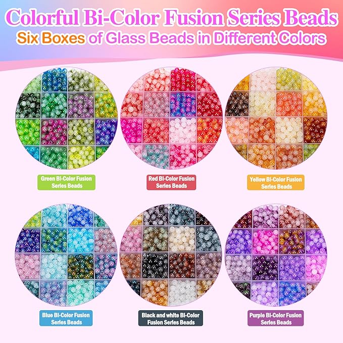 XSEINO About 7200+ pcs 6mm Glass Beads Bracelet Making Kit, 144 Assorted Colorful Bi-Color Fusion Series Crystal Beads Making and DIY Crafts