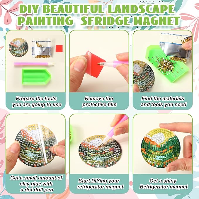 30 Pcs Magnetic Diamond Art Painting Landscape Magnets Fridge Diamond Art Painting Kits Sticker Magnet DIY Craft for Adult Beginner Souvenir Gift Office Home Decor
