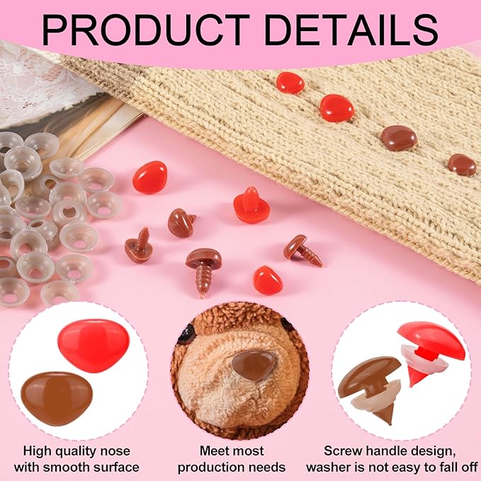 CustomyLife 32 Sets Safety Noses for Amigurumi, 4 Sizes Plastic Craft Doll Noses with Washers, Large Animals Noses for Crochet Puppet Plush Toy Accessories- Red & Brown