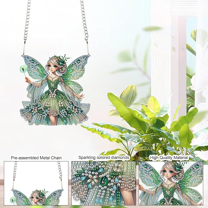 Diamond Art Painting Hanging Pendants Kits Green Butterfly Fairy DIY Crystal Rhinestone Wreath Kits, Colored Point Crystal Diamond Art Window Pendants Home Garden Wall Door Birthday Festival Gifts