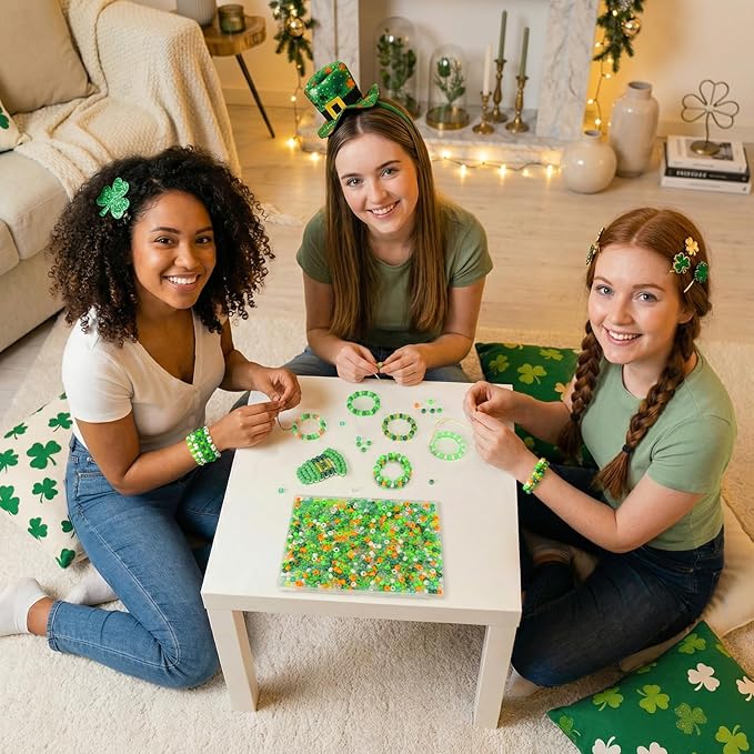Spring Nature Pony Beads 1000pcs, Green Orange White Glitter Bead Mix, 9mm Craft Beads for Bracelets, Jewelry Making, DIY Shamrock Decorations, Crafts Party Kit