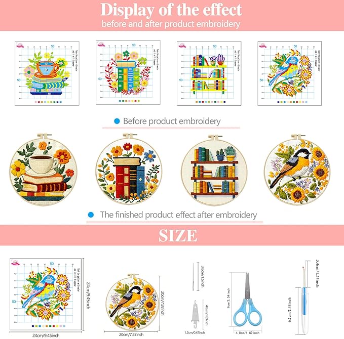 Zhenqing Book Lover's Cross Stitch Kit - 4-Piece Set with Pre-Printed 11CT 24x24cm Fabric, Hoop & Tools, Reading & Flower Themes for Beginners(70411)