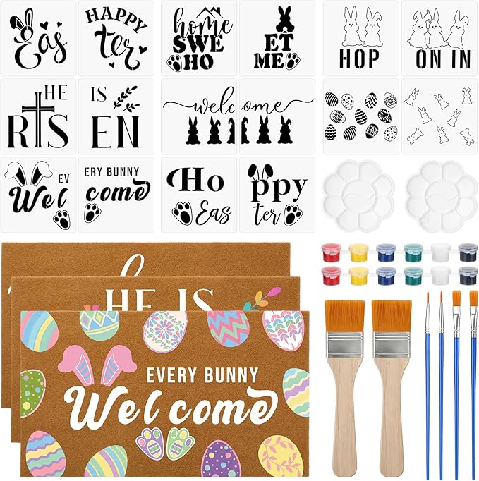 Chunful 3 Set Easter Blank Door Mats for Crafting 3 Pcs 17" x 30" Plain Doormat for Painting with 16 Reusable Easter Stencils Painting Tools for DIY Crafting Bunny Party Decor