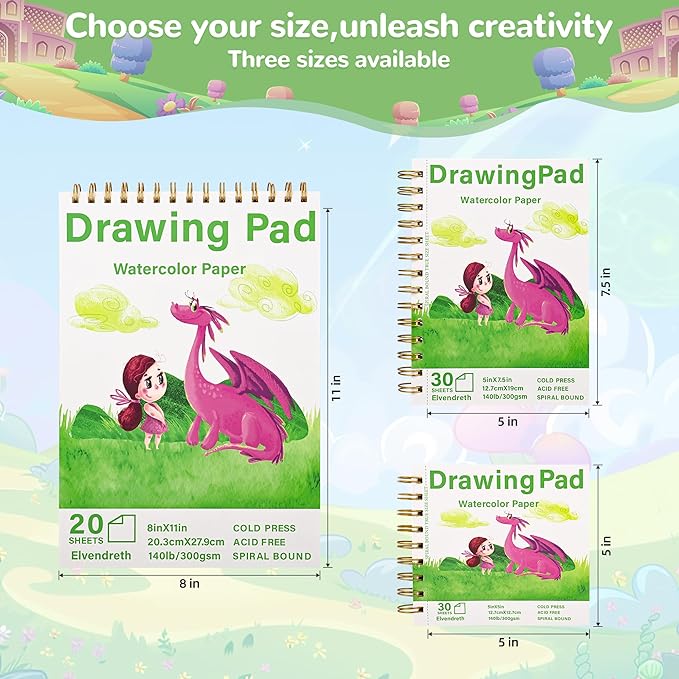 2-Pack Elvendreth Drawing Paper Pad, 5x7.5 Inch, 140lb/300gsm No Bleed-Through Watercolor Paper, Spiral-Bound/Tear-Line, 30 Sheets for Adults, Kids, Artists -Watercolor Book, Exercises & Mixed Media