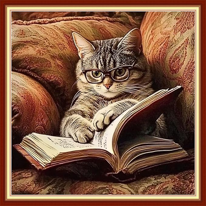 Redxing Stamped Cross Stitch Kits Embroidery kit for Beginners Adults Full Range of Embroidery Patterns Starter Kits DIY Printed Cross Stitch Kits Needlepoint Kits 11CT-Cat Reading 18x18 inchs
