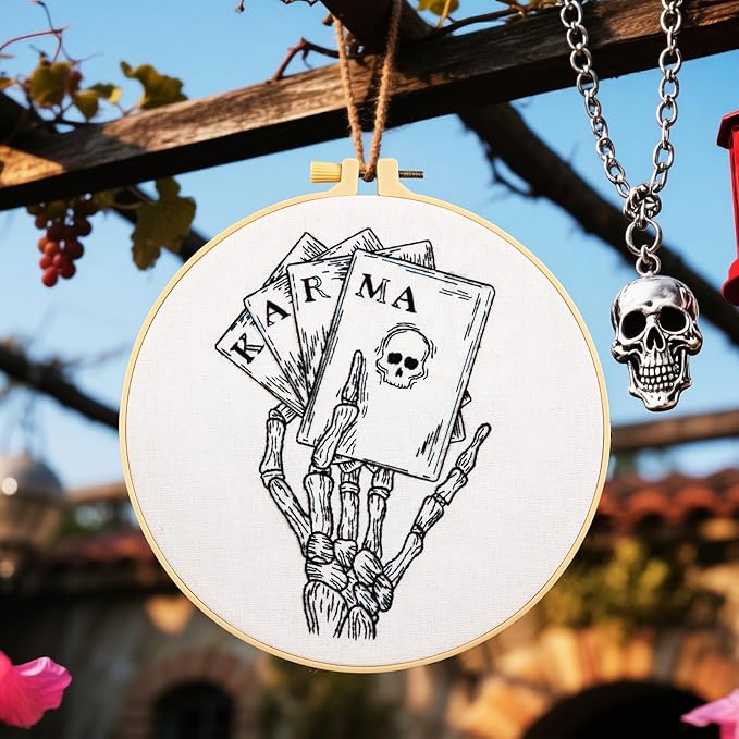 Gothic Tarot Embroidery Kits for Beginners Adults, Halloween Hand Bone Embroidery Starter Kits, Skull Cross Stitch Kits for Beginner Adults Hobbies for Women, Embroidery Fabric, Hoops & Video Tutorial