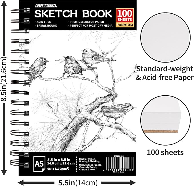 fixsmith 5.5"x8.5" sketch book | 100 sheets (68 lb/100gsm) sketchbook| acid free drawing paper | spiral bound artist sketch pad | for kids, beginners, artists & professionals | bright white