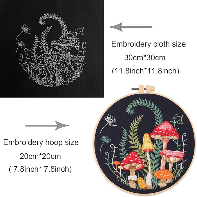 Silentsea Embroidery Kit, Floral and Nature Designs, 3-Pack with Hoops, Needlework Pattern Set (Mushroom)