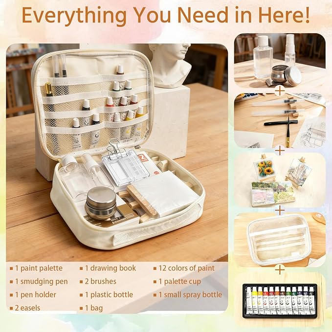 Mini Watercolor Palette Set,22Pcs Artist Watercolor Palette Travel Set with Colors,Wooden Paint Box,Brush,Holder,Oil Cup,Plastic Bottles Storage Bag for Beginners Artists Student(8 Grids)