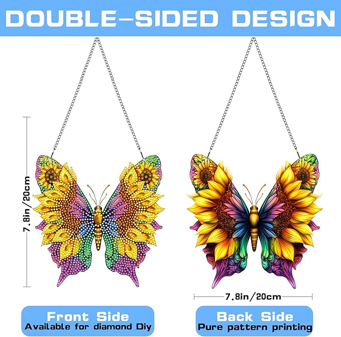 VAIIEYO Butterfly Diamond Painting Hanging Ornament,Sunflower Double Side Window Hanging Kit with Chain, 7.5x7.5 inch Crystal Pendant Art Craft for Gift Home Wall Front Door Decoration