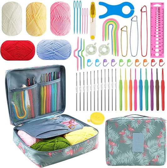 58pcs Crochet Kit Beginners, Crochet Hook Set with Yarn, Portable Crocheting Kit for Starter, Ergonomic Crochet Needles Tools DIY Knitting Accessories for Experienced Crochet Lovers, Flamingo