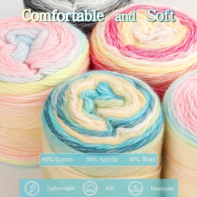 Katech Ombré Yarn for Crocheting-Gradient Cake Yarn-4x100g 60% Cotton 30% Acrylic 11% Wool-Multicolor Soft Rainbow Cotton Crochet Yarn for Scarves, Shawls, Blankets and Garments(N)