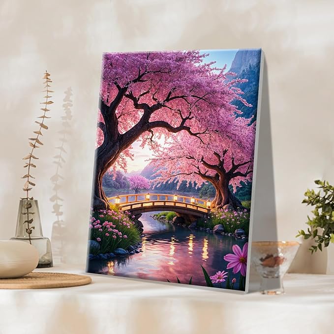 JOOZ Paint by Numbers Kit for Adults with Frame Sakura Paint by Number with Easel Tree Adult Paint by Number Kits Framed Canvas Mountain Waterfall Oil Painting Kits for Gift Home Wall Decor 8x12 Inch