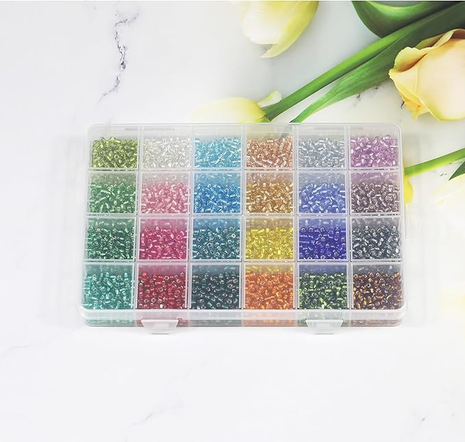 Bala&Fillic Size 4mm Seed Beads About 3000pcs in Box, 6/0 Glass Silver Lined Seed Beads for Making Bracelet Necklace Earring Jewelry (About 130pcs/Color, 24 Colors)