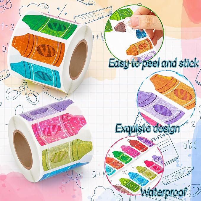beyumi colorful laser crayon sticker - 1000pcs back to school laser crayon stickers in 2 rolls holographic colorful sparkly glitter first day of school adhesive decal gift party envelope decor for kid
