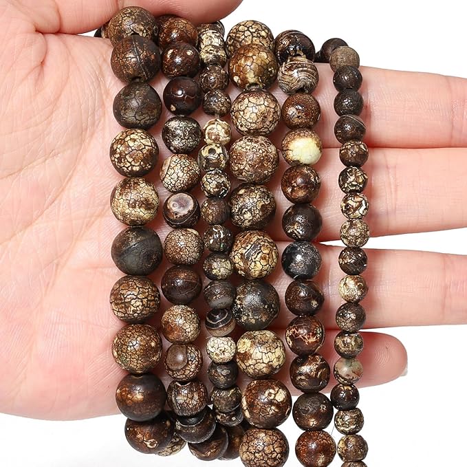 Stone Beads, 45pcs Brown Dragon Vein Agate, 8mm Round Loose Beads for Jewelry Making, Bracelets, with Bag, String & Card