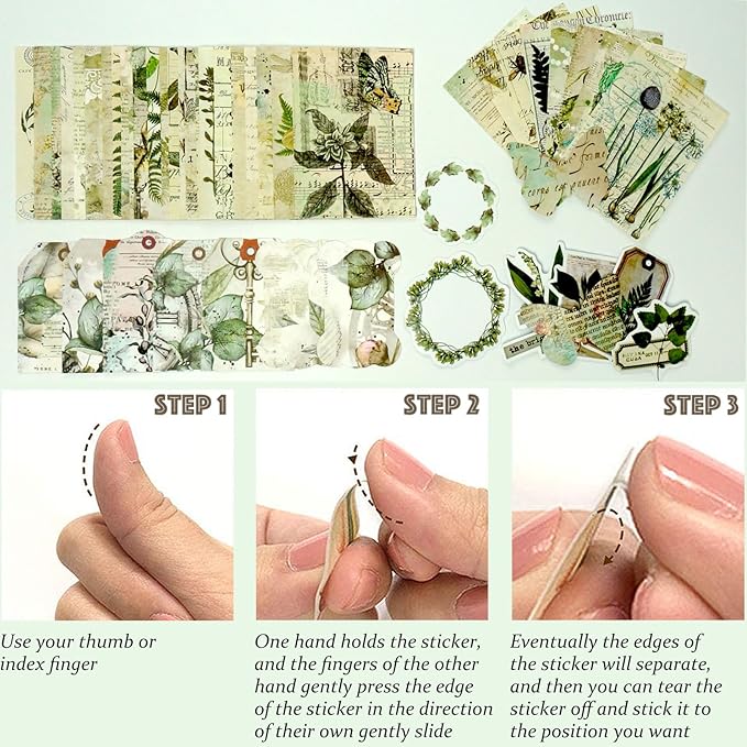 200 Pcs Vintage Ephemera Bundle Junk Journal Kit Scrapbook Supplies Paper Sticker Material Pack Scrapbooking Kit for Art Journaling Bullet Journals Planners Collage Decoupage Crafter Gifts(Greenery)