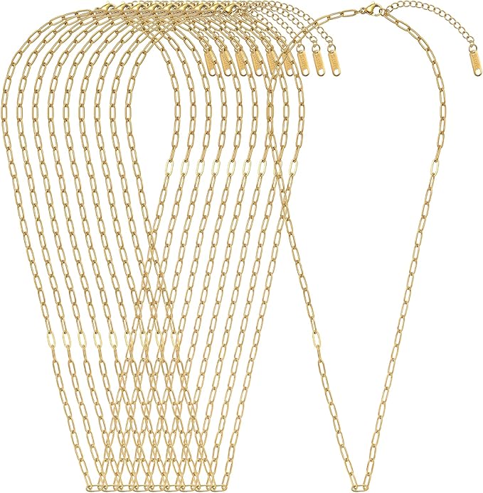 Swyabi 10 PCS Gold Plated Necklace Chains Bulk 18Inch Stainless Steel Paperclip Chain with Extender for Jewelry Making