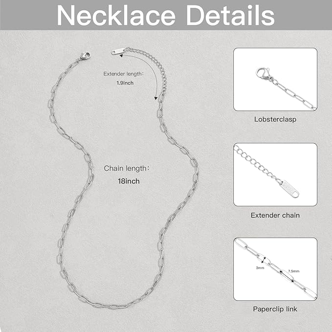 Swyabi 10 PCS Stainless Steel Paperclip Chains 18Inch Adjustable Necklace Bulk for Men Women DIY Bracelets Crafts