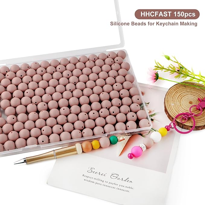 150Pcs 15mm Silicone Beads for Keychain Making Bracelet Necklace, Bulk Round Silicone Beads for Pens(Rose Brown)