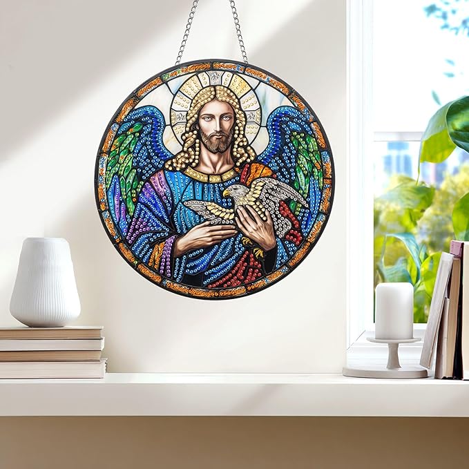 Wergund 5D DIY Jesus Diamond Art Hanging Kits, Hanging Diamond Art Religion, Acrylic Special Shaped Rhinestone, Window Hanging Pendants for Home Wall Garden Front Door Outdoor Decor Gift(Jesus)