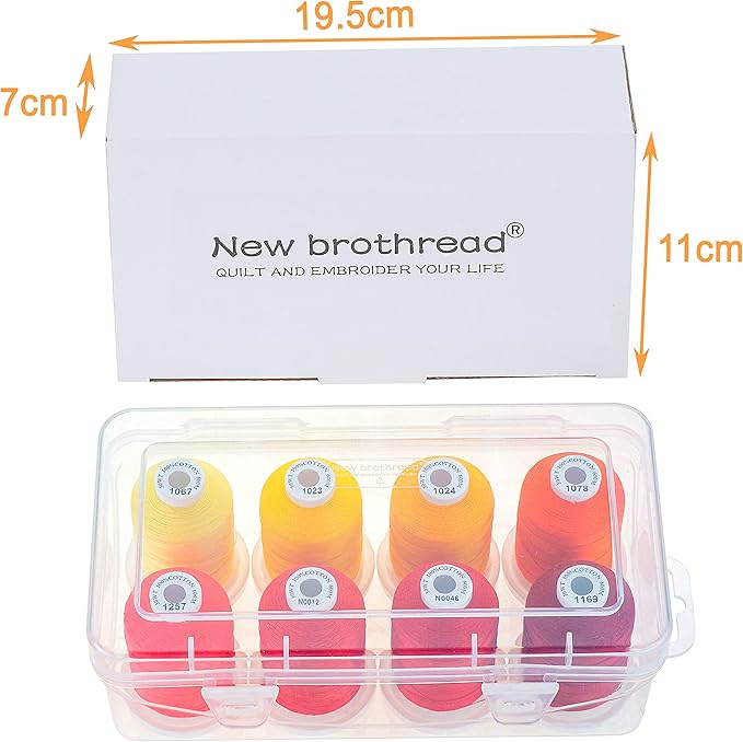New brothread - 18 Options - Multi-Purpose 100% Mercerized Cotton Thread 50S/3 600M Each Spool for Quilting, Serger, Sewing and Embroidery - 8xSunrise(Yellows+Reds) with Clear Plastic Storage Box