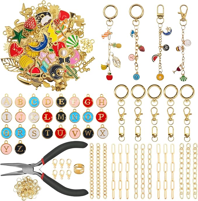 Aucscott Lip Gloss Charms Keychain Making Kit, Make Your Own Keychain Kit for Girls - DIY Jewelry Craft Kits with A-Z Letter Charms for Custom Key Chain Lipgloss Lip Balm Earring Purse Bag Handbag