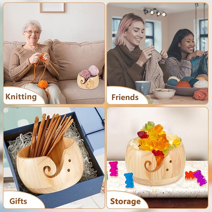 Patelai 6 x 6 x 3 Inch Wooden Yarn Bowls for Crocheting Round Knitting Wool Storage Yarn Bowl Handmade with Holes 12 Pieces Crochet Hooks for Knitting DIY Crafts Tools(Natural Color)