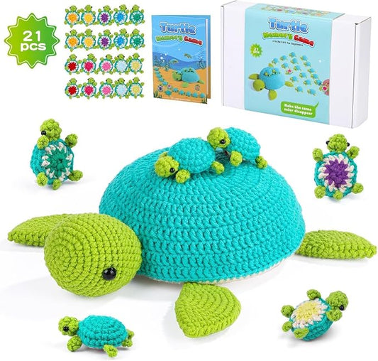 FOUSNOW Crochet Kit for Beginners, 21 Pcs Turtles Family Crochet Animal Kit for Adults, Memory Matching Game, Crochet Start Kit with Step-by-Step Video Tutorials, Accessories, Craft Art
