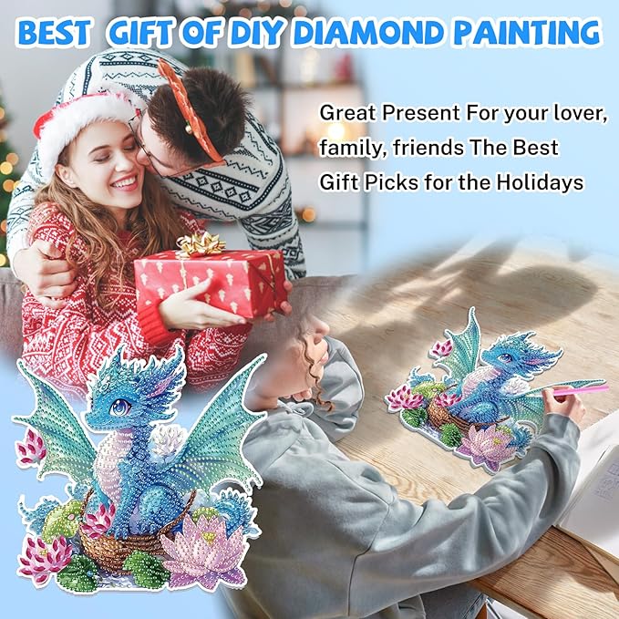 Bowetile Dragon Diamond Art Hanging Kits for Adults, 5D Special Shape Diamond Painting Flowers Pendant Kits, Gem Art Suncatchers Painting Window Ornament for Home Garden Wall Decor