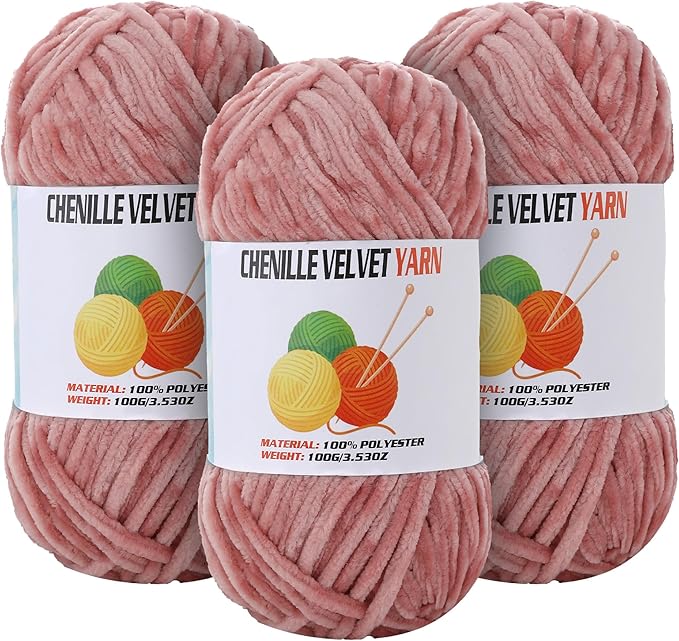 3 * 100g Velvet Chenille Chunky Yarn for Crocheting, Handcrafts Weaving Soft Chenille Yarn for Crocheting Clearance, Used for Making Baby Yarns Blanket, Clothes, Knitting Creations (Peach)